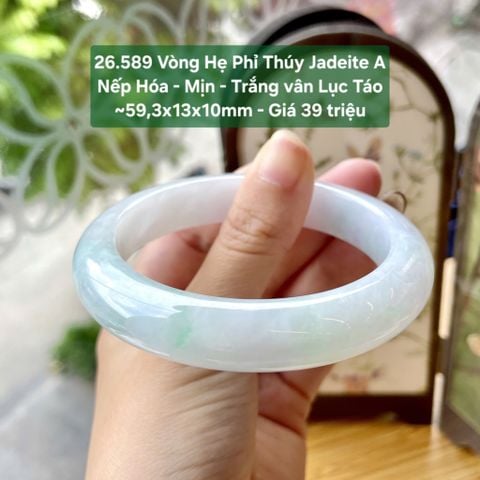 26.589 Vòng Hẹ Phỉ Thuý Jadeite A - Nếp Hoá - Mịn - Trắng Vân Lục Táo ~59,3x13x10mm