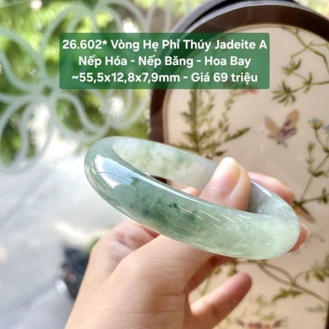 26.602* Vòng Hẹ Phỉ Thuý Jadeite A - Nếp Hoá -  Nếp Băng - Băng - Hoa Bay ~55,5x12,8x7,9mm