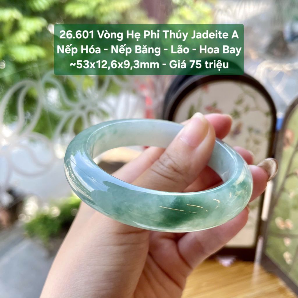26.601 Vòng Hẹ Phỉ Thuý Jadeite A - Nếp Hoá - Nếp Băng - Lão - Hoa Bay ~53x12,6x9,3mm
