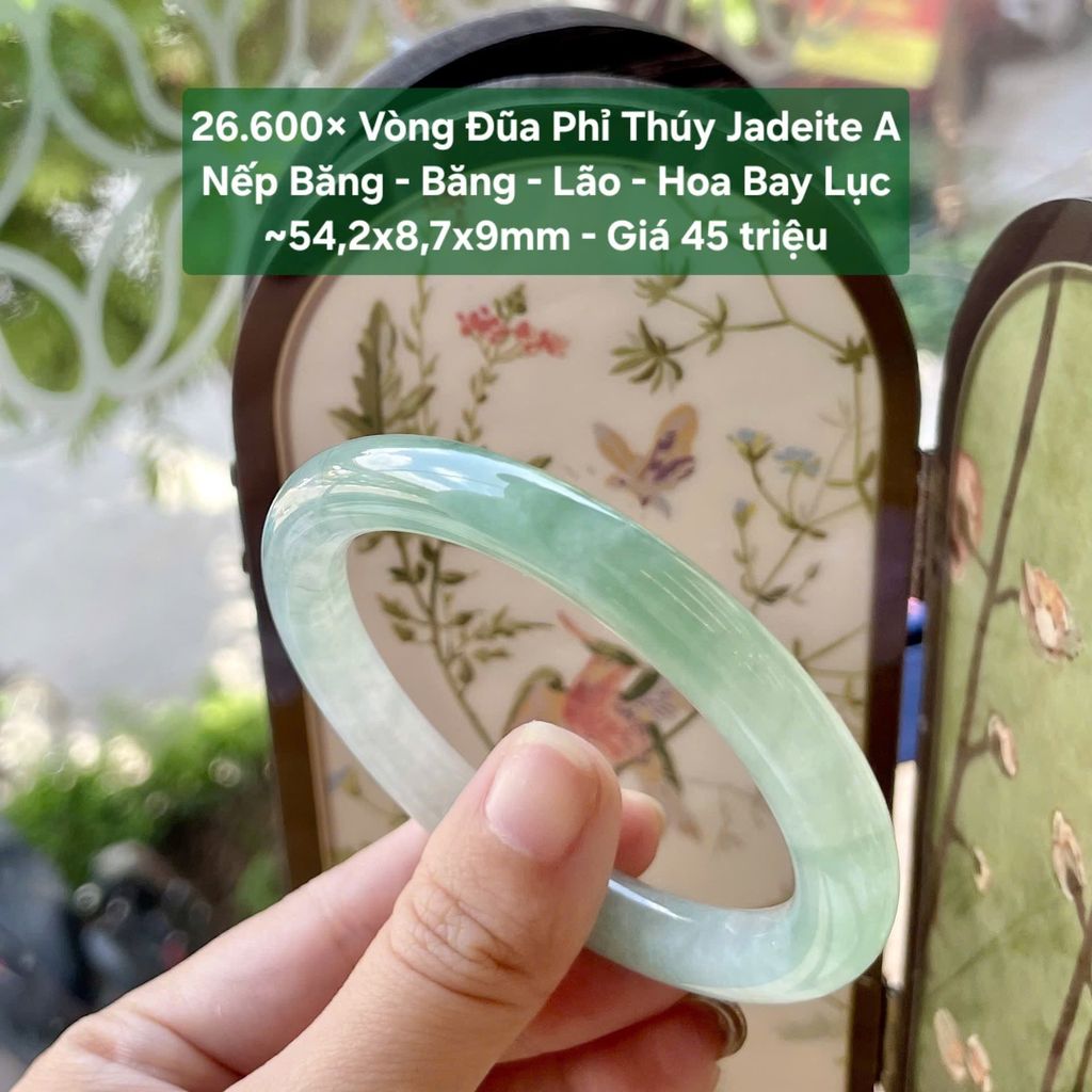 26.600x Vòng Đũa Phỉ Thuý Jadeite A - Nếp Băng - Băng - Lão - Hoa Bay Lục 54,2x8,7x9mm