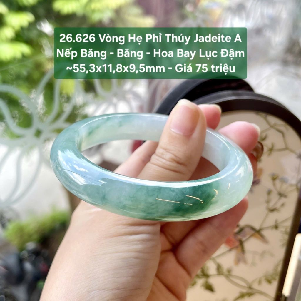 26.626 Vòng Hẹ Phỉ Thuý Jadeite A - Nếp Băng - Băng - Hoa Bay Lục Đậm ~55,3x11,8x9,5mm
