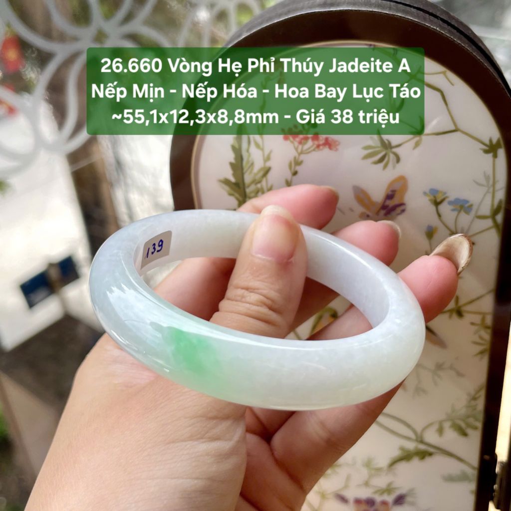 26.660 Vòng Hẹ Phỉ Thuý Jadeite A - Nếp Mịn - Nếp Hoá - Hoa Bay Lục Táo ~55,1x12,3x8,8mm
