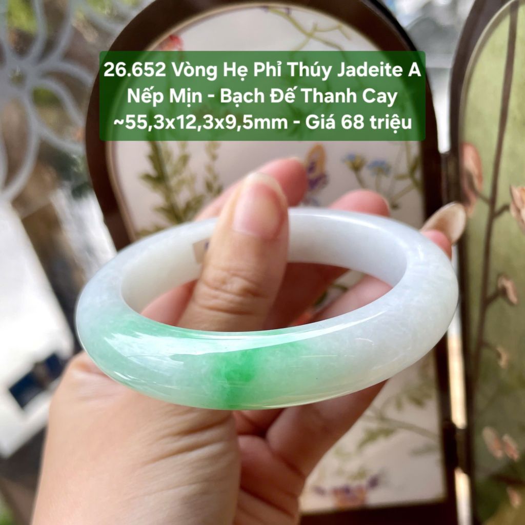 26.652 Vòng Hẹ Phỉ Thuý Jadeite A - Nếp Mịn - Bạch Đế Thanh Cay ~55,3x12,3x9,5mm