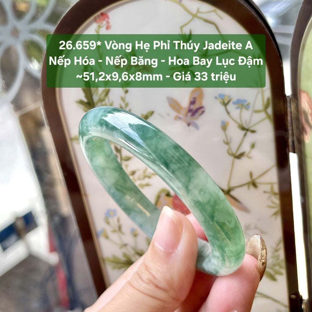 26.659* Vòng Hẹ Phỉ Thuý Jadeite A - Nếp Hoá - Nếp Băng - Hoa Bay Lục Đậm ~51,2x9,6x8mm