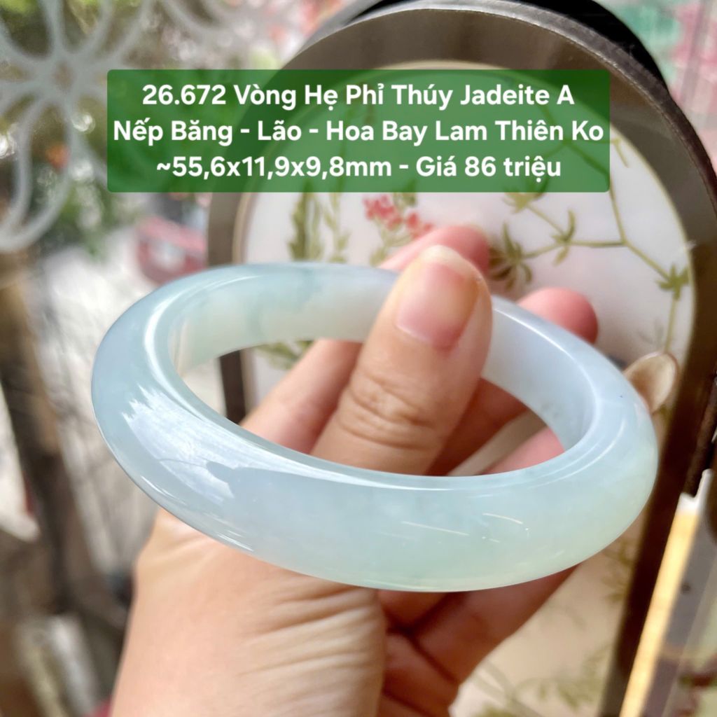 26.672 Vòng Hẹ Phỉ Thuý Jadeite A - Nếp Băng - Lão - Hoa Bay Thiên Không ~55,6x11,9x9,8mm