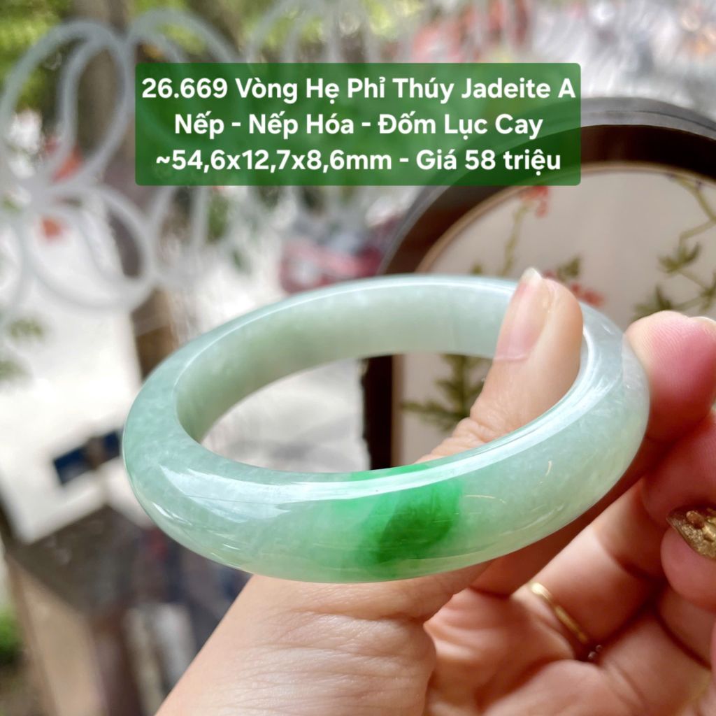 26.669 Vòng Hẹ Phỉ Thuý Jadeite A - Nếp- Nếp Hoá - Đốm Lục Cay ~54,6x12,7x8,6mm