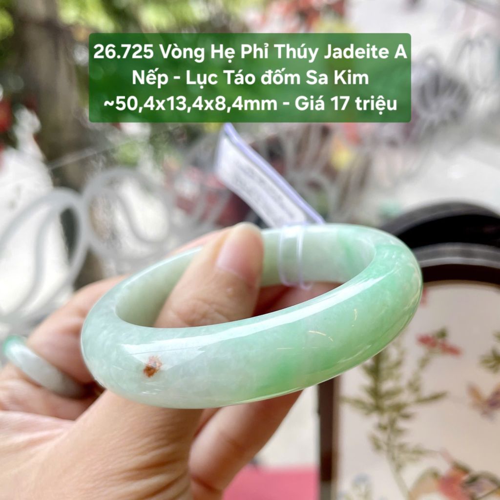 26.725 Vòng Hẹ Phỉ Thuý Jadeite A- Nếp - Lục Táo Đốm Sa Kim ~50,4x13,4x8,4mm