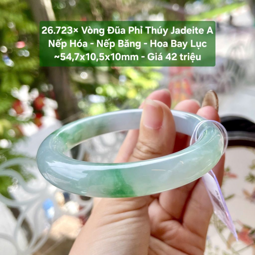 26.723x Vòng Đũa Phỉ Thuý Jadeite A- Nếp Hoá -  Nếp Băng - Hoa Bay Lục ~54,7x10,5x10mm