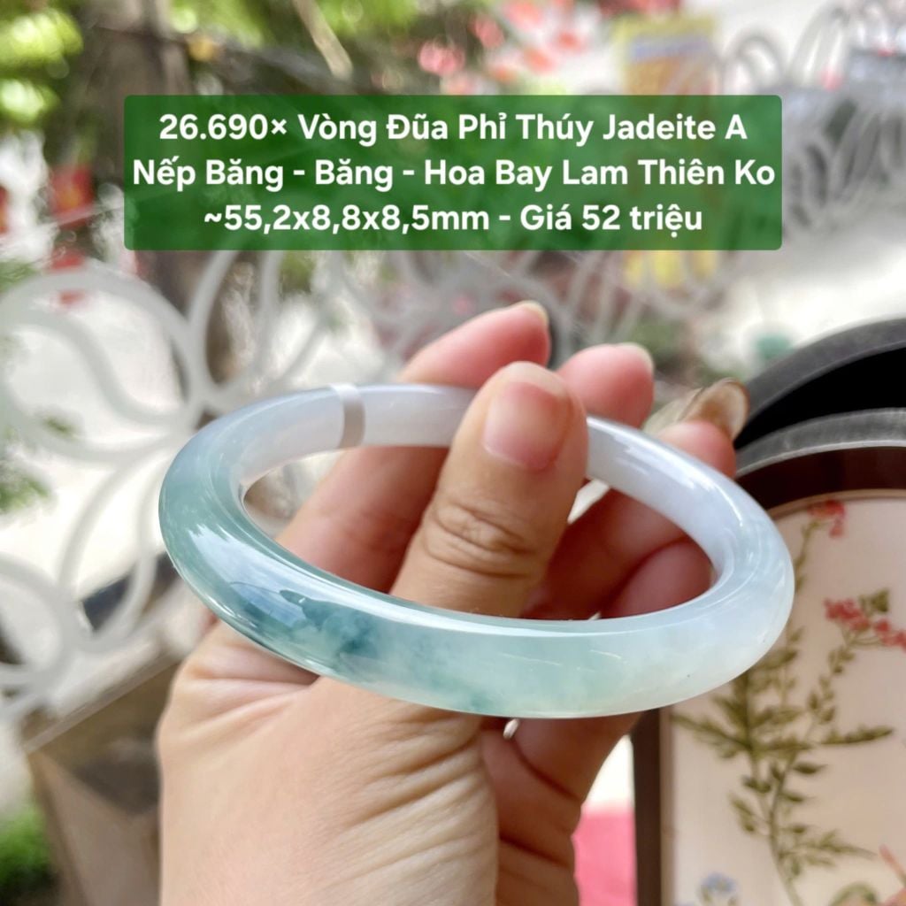 26.690x Vòng Đũa Phỉ Thuý Jadeite A- Nếp Băng - Băng - Hoa Bay Lam Thiên Không ~55,2x8,8x8,5mm