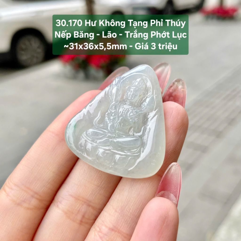 Hư Không Tạng Phỉ Thúy Nếp Băng - Lão - Trắng Phớt Lục ~31x36x5,5mm 30.170