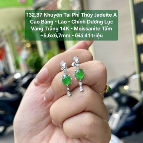 132.37 Khuyên Tai Ngọc Phỉ Thuý Jadeite A - Cao Băng - Lão - Chính Dương Lục ~VT14K - Moói tấm ~5,6x6,7mm