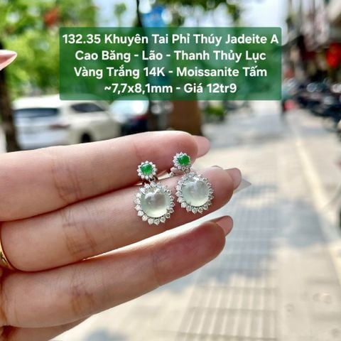 132.35 Khuyên Tai Ngọc Phỉ Thuý Jadeite A - Cao Băng - Lão - Thanh Thuỷ Lục - VT14K - Mois Tấm ~ 7,7x8,1mm