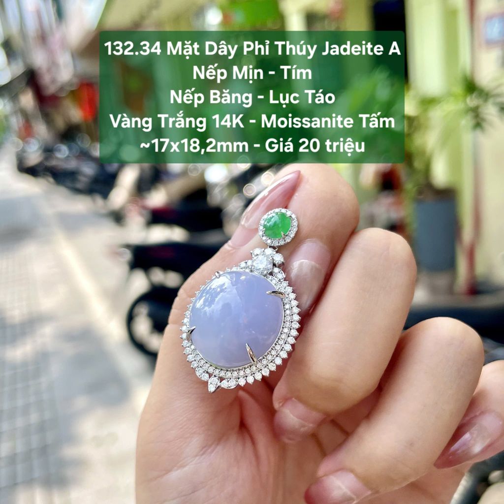 132.34 Mặt Dây Phỉ Thuý Jadeite A - Nếp Mịn - Tím -  Nếp Băng- Lục Táo ~VT 14K - Mois Tấm ~17x18,2mm