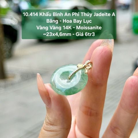 10.414 Khấu Bình An Phỉ Thuý Jadeite A - Băng - Hoa Bay Lục ~ VV14K - Moissanite ~ 23x4,6mm
