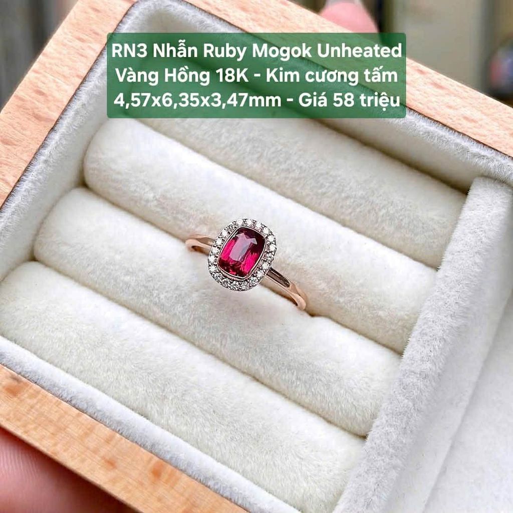 Nhẫn Ruby Mogok Unheated VH 18K KC tấm 4,57x6,35x3,47mm RN3