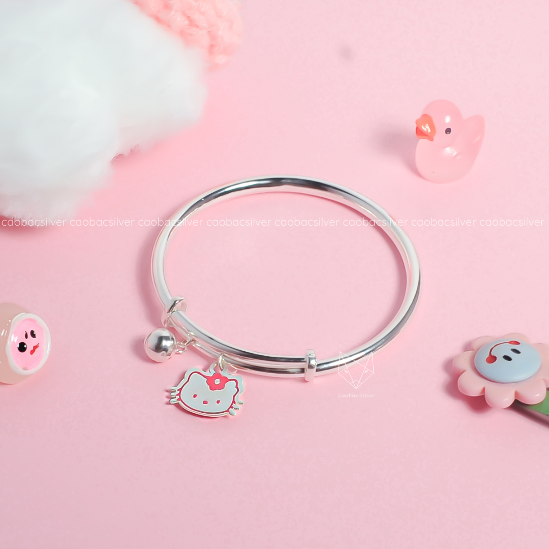  Lắc tay bạc Việt Nam trẻ em kiềng tròn trơn rỗng chỉnh size mix charm Bi + Mèo dễ thương khắc tên | Cáo Bạc 