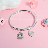  Lắc tay bạc Việt Nam trẻ em kiềng tròn trơn rỗng chỉnh size mix charm Rắn + Bốn Lá may mắn khắc tên | Cáo Bạc 