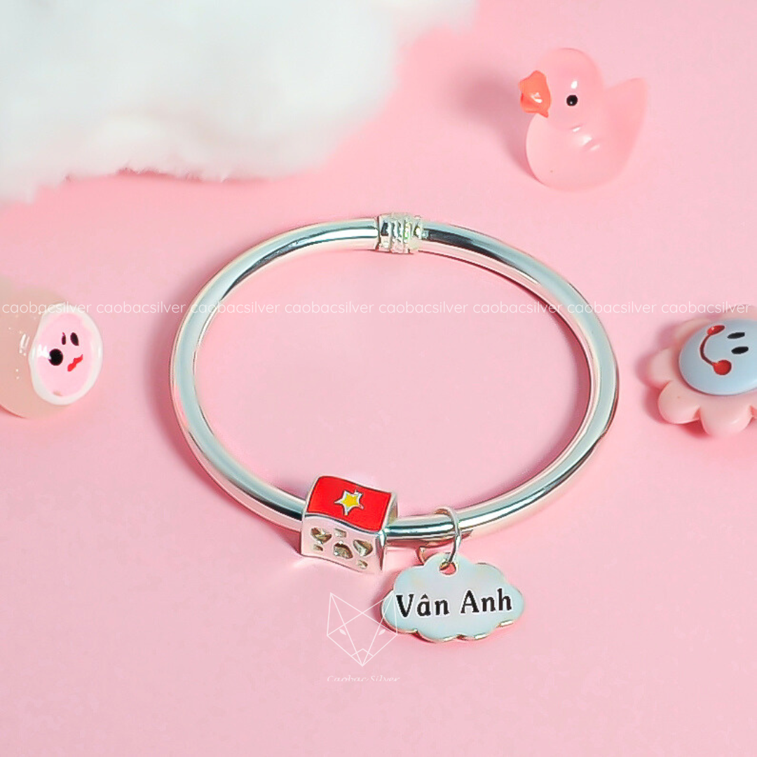  Lắc tay bạc Việt Nam trẻ em Lá Cờ charm cờ mây dễ thương khắc tên | Cáo Bạc 