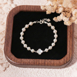  Lắc tay bạc Việt Nam Ngọc trai Freshwater White Clover charm cỏ bốn lá khảm trắng | Cáo Bạc 