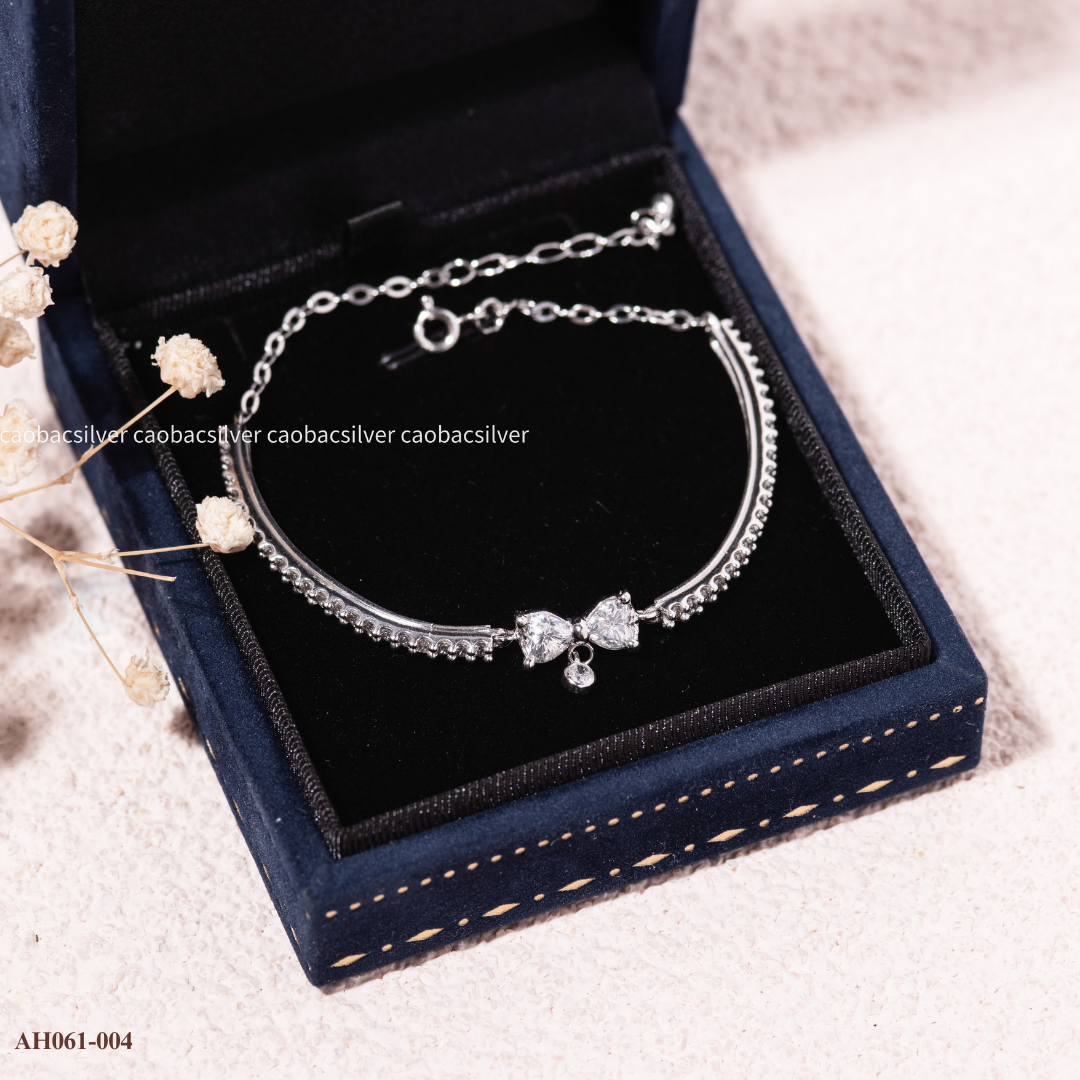  Lắc tay bạc Việt Nam xi vàng trắng Kim Cương Moissanite nơ tim đính đá | Cáo Bạc 