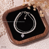  Lắc tay bạc Việt Nam Ngọc trai Freshwater Sparkling Heart charm tim đính đá | Cáo Bạc 