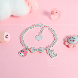  Lắc tay bạc Việt Nam trẻ em mắt xích dẹt mặt nơ mix charm Thỏ + Mèo dễ thương khắc tên | Cáo Bạc 