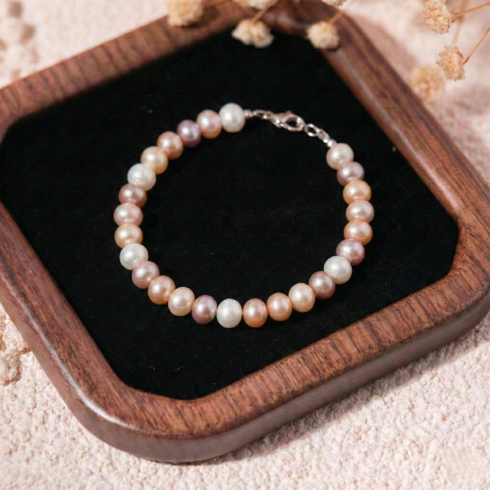  Lắc tay bạc Việt Nam ngọc trai Freshwater tứ quý 8-9li hạt to tròn ánh xà cừ | Cáo Bạc 