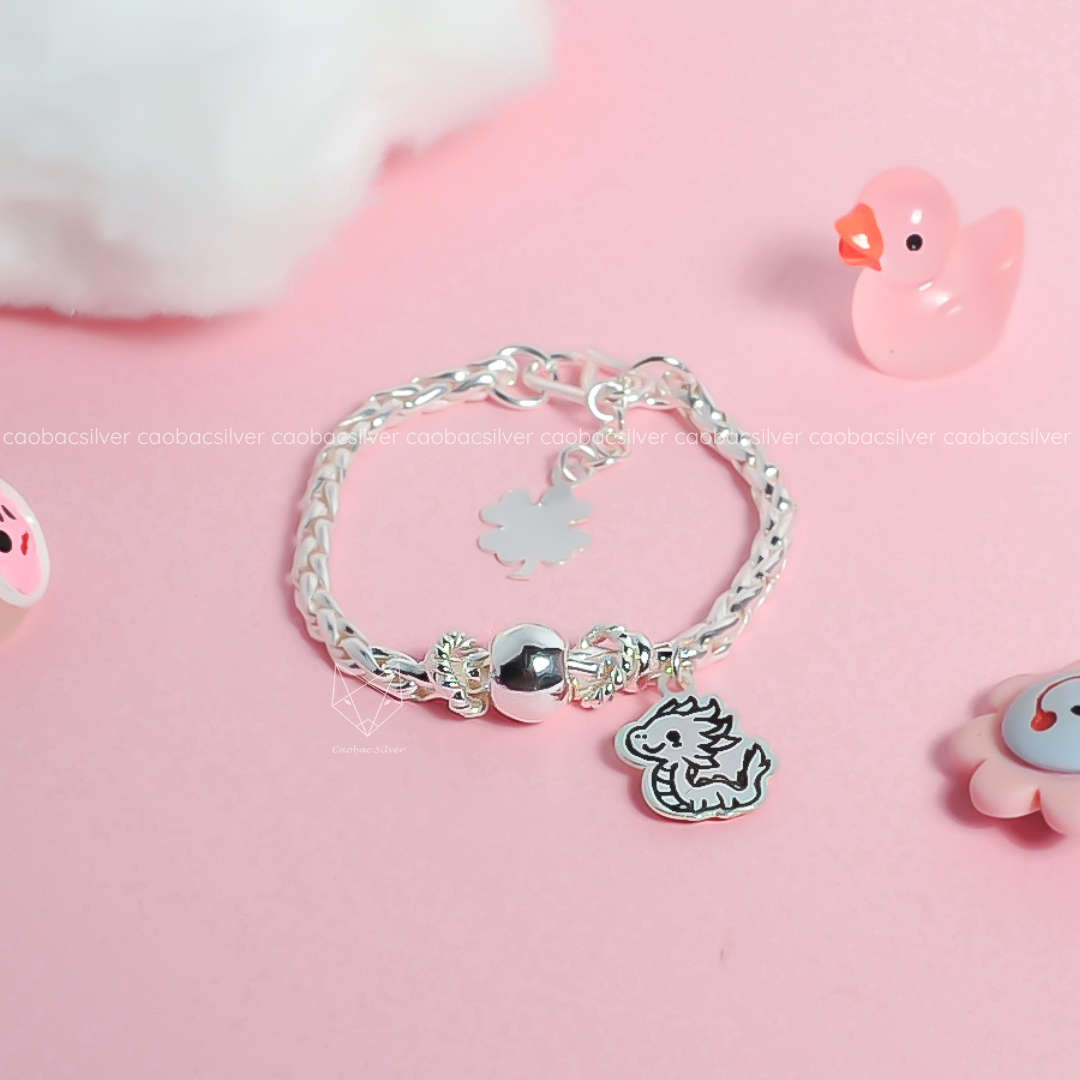  Lắc tay trẻ em bạc ta vảy rồng bi vặn thừng mix charm rồng 