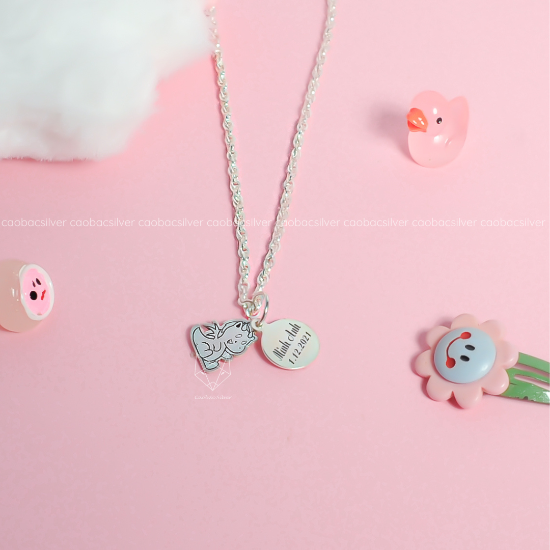  Dây chuyền bạc Việt Nam trẻ em sợi xoắn ngắn tag tròn khắc tên mix charm Rồng cá tính | Cáo Bạc 