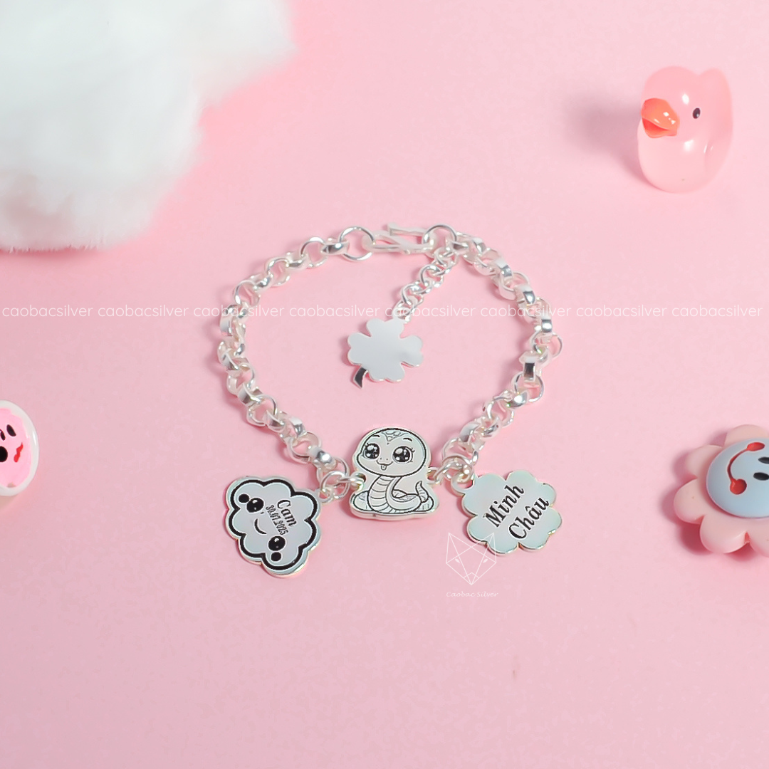  Lắc tay bạc Việt Nam trẻ em mắt tròn con giáp mix charm Mây + Bốn Lá may mắn khắc tên | Cáo Bạc 