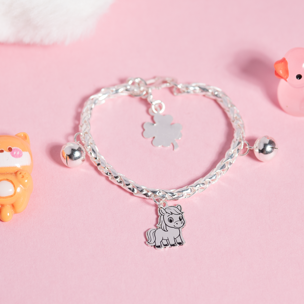  Lắc tay bạc Việt Nam trẻ em vảy rồng trơn mix charm Ngựa + 2 bi nổi bật khắc tên | Cáo Bạc 