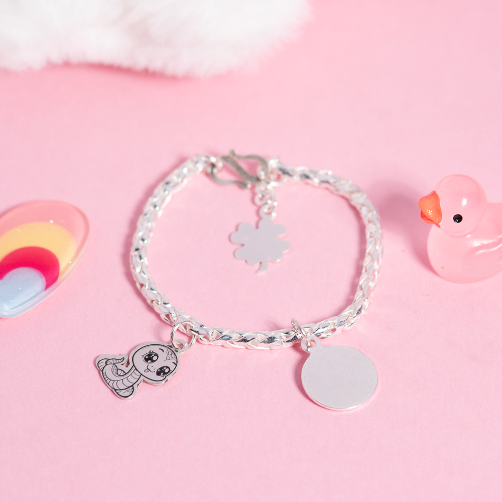  Lắc tay bạc Việt Nam trẻ em vảy rồng trơn tag tròn mix charm Rắn cá tính khắc tên | Cáo Bạc 
