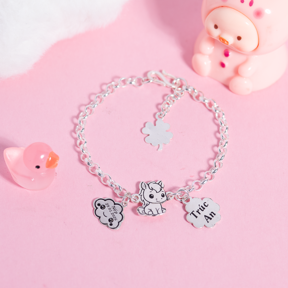  Lắc tay bạc Việt Nam trẻ em mắt mo trơn mix charm Rồng + 4 Lá + Đám Mây dễ thương khắc tên | Cáo Bạc 