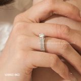  Nhẫn bạc Việt Nam xi vàng trắng đính Kim Cương Moissanite 6 li ổ bốn chấu ba hàng đá | Cáo Bạc 
