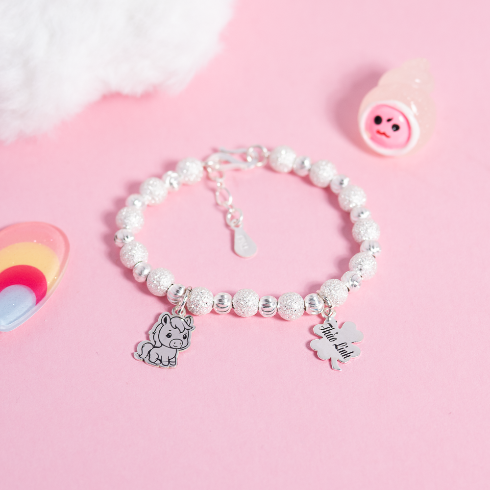  Lắc tay bạc Việt Nam trẻ em bi cầu cát full mix charm Ngựa + 4 Lá khắc chữ may mắn | Cáo Bạc 