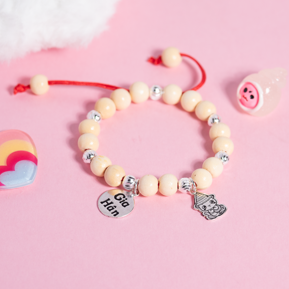  Lắc tay bạc Việt Nam trẻ em dâu tằm mix charm con giáp 7B + tag tròn khắc tên + Rắn may mắn | Cáo Bạc 