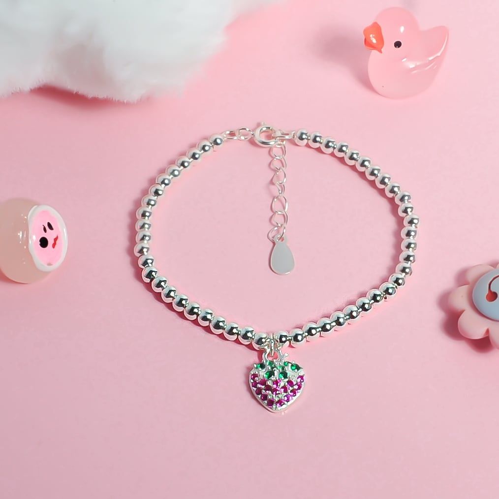  Lắc tay bạc Việt Nam trẻ em bi charm dâu tây dễ thương khắc tên | Cáo Bạc 