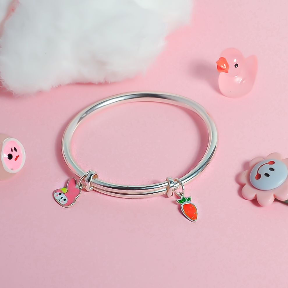  Lắc tay bạc Việt Nam trẻ em kiềng tròn trơn rỗng chỉnh size mix charm Thỏ + Cà Rốt dễ thương khắc tên | Cáo Bạc 