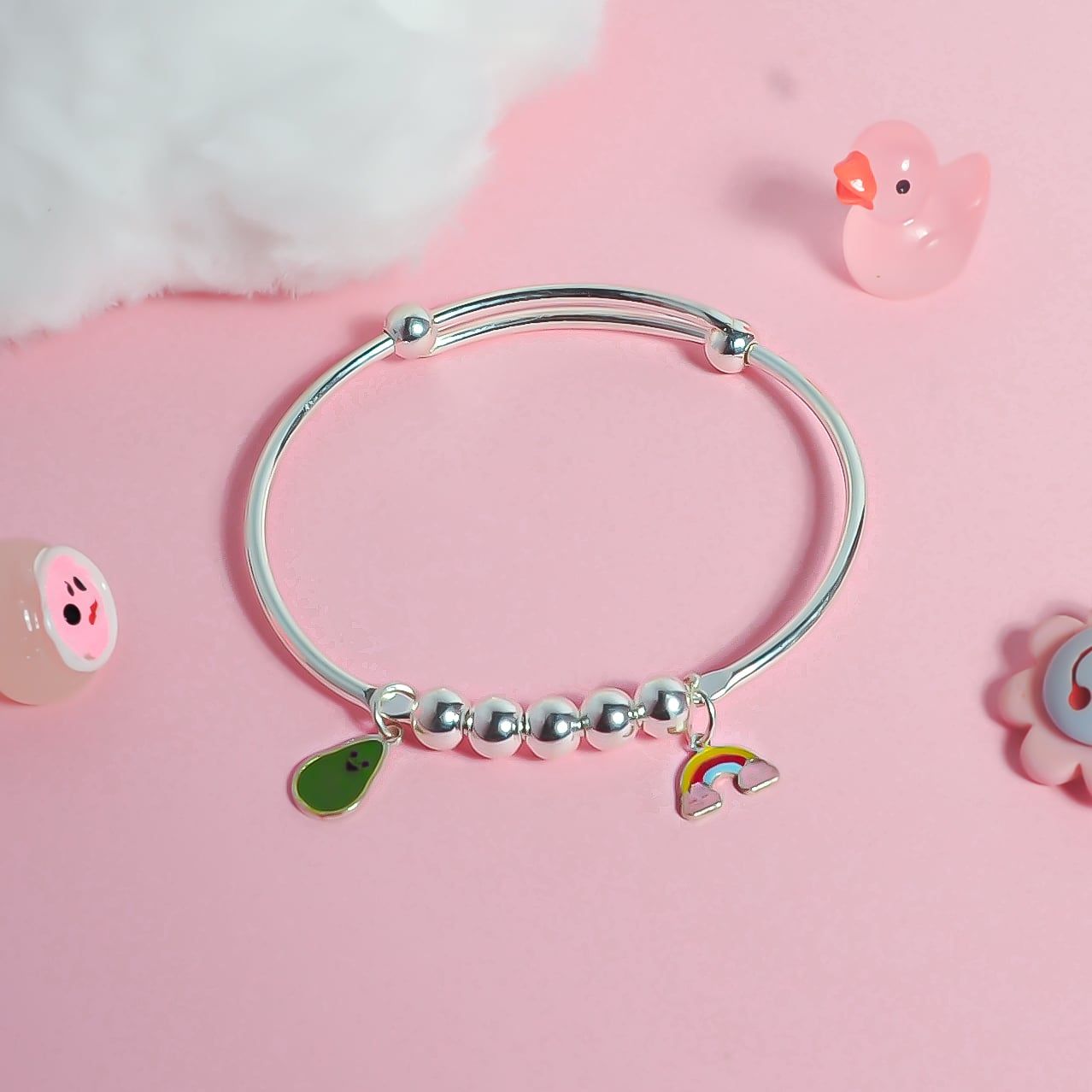  Lắc tay bạc Việt Nam trẻ em kiềng 3 bi trơn chỉnh size mix charm Bơ + Cầu Vồng dễ thương khắc tên | Cáo Bạc 