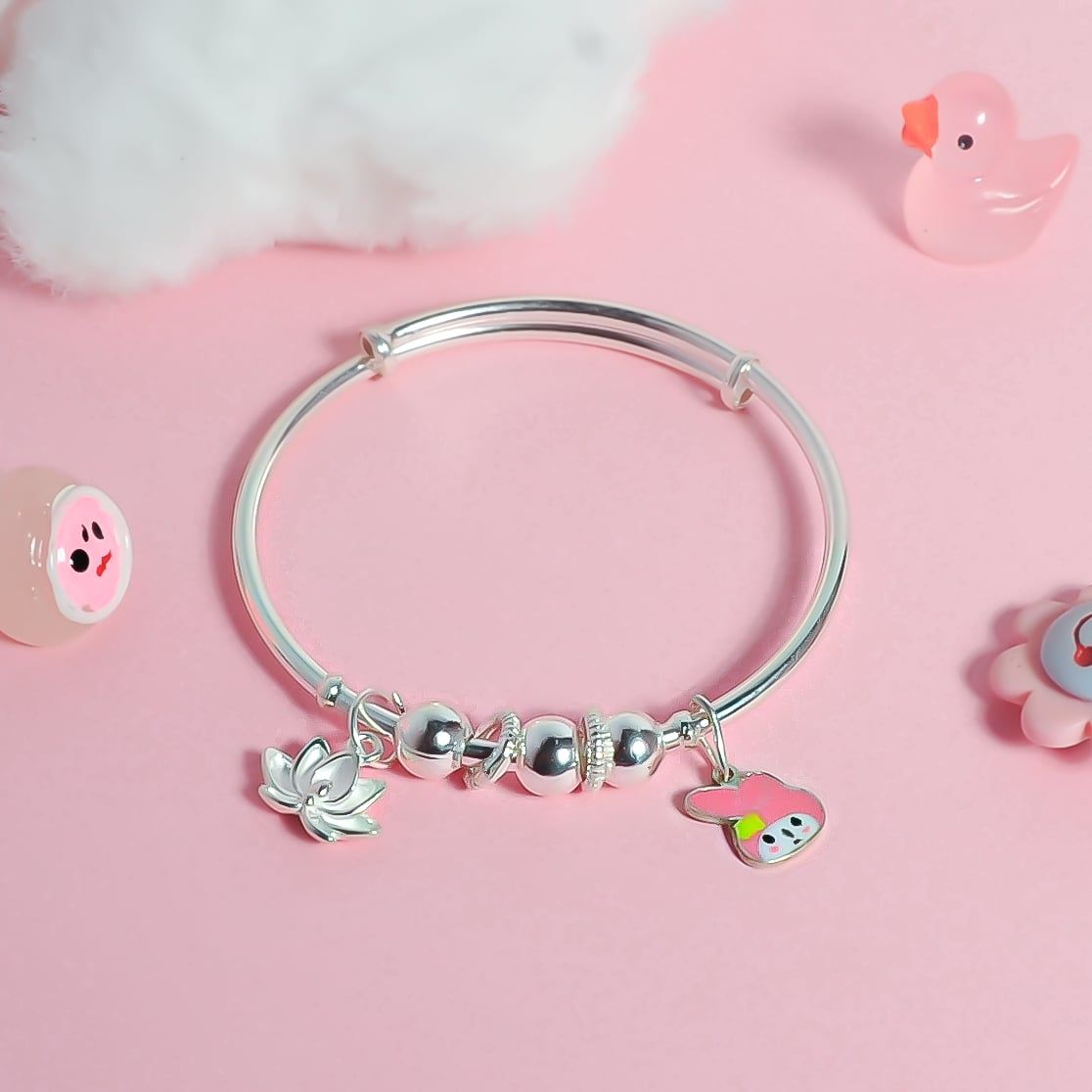 Lắc tay bạc Việt Nam trẻ em bi cầu cát mix charm Sen + Thỏ dễ thương khắc tên | Cáo Bạc 
