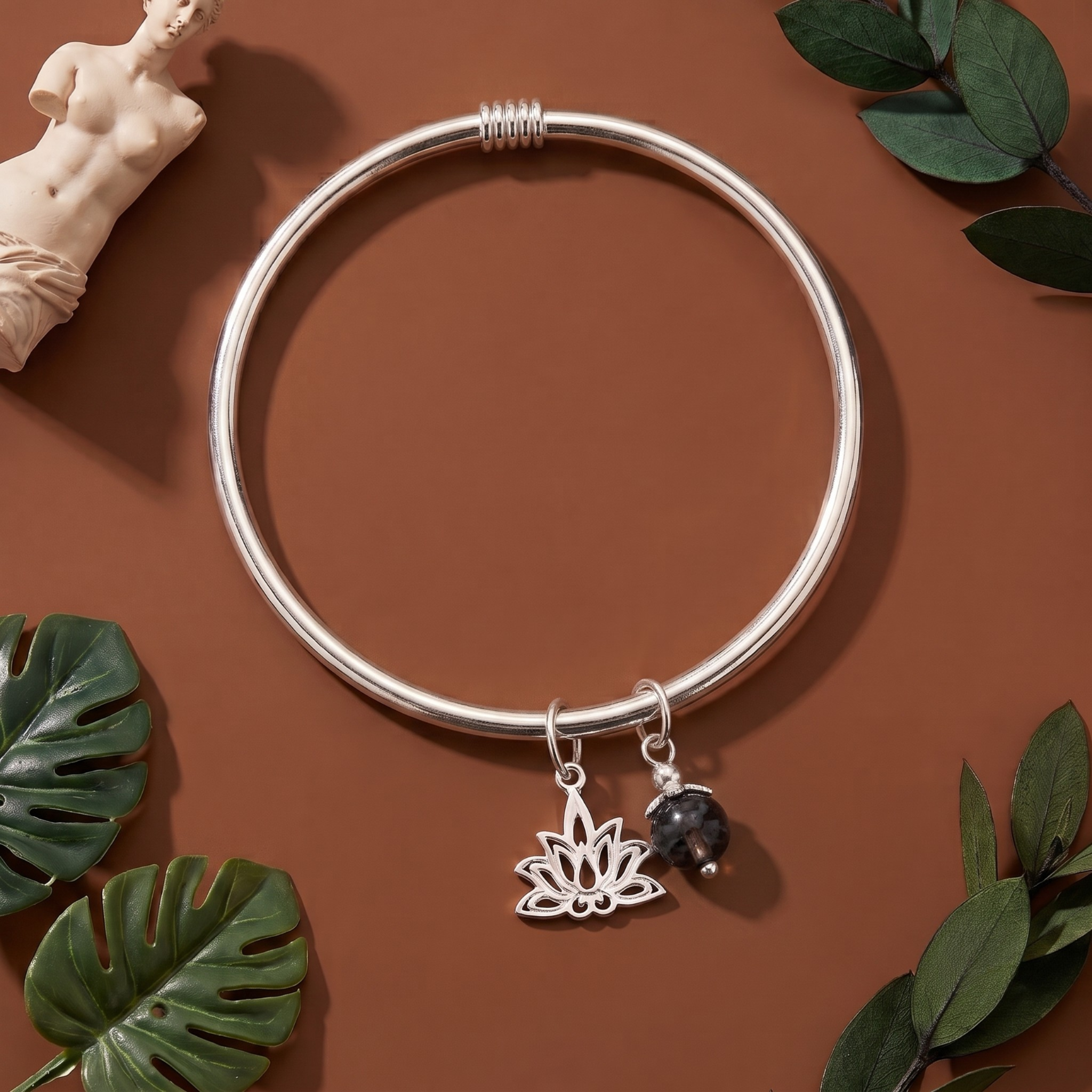  Kiềng tay bạc Việt Nam Xuân Son charm sen đính đá Moonstone ( Vòng Bạc rỗng ) thanh lịch  | Cáo Bạc 