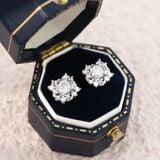  Khuyên tai bạc Việt Nam xi vàng trắng Floral Cluster đính Kim Cương Moissanite | Cáo Bạc 