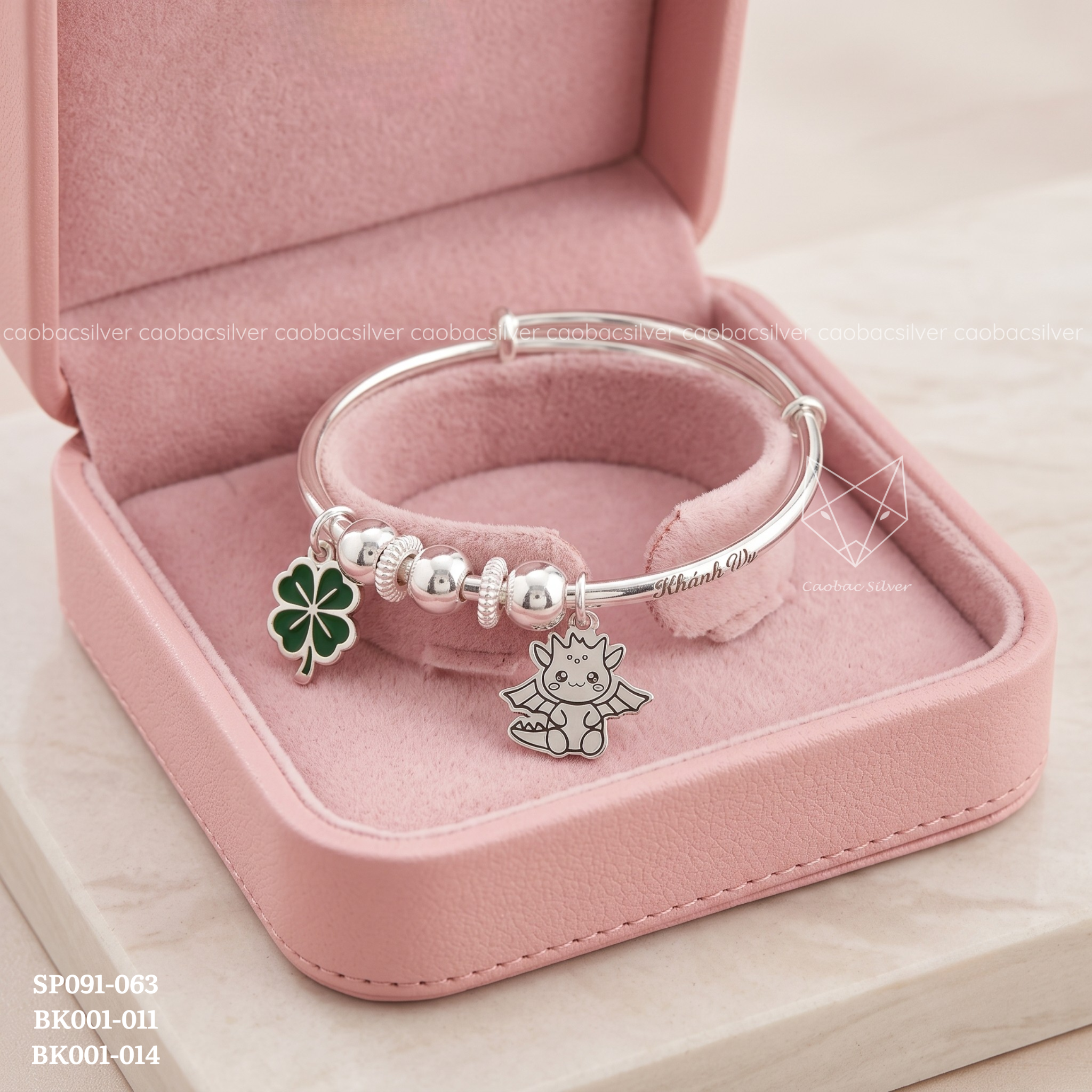  Kiềng bạc cho bé bi cầu cát mix charm Bốn Lá + Rồng Nhỏ may mắn khắc tên | Cáo Bạc 