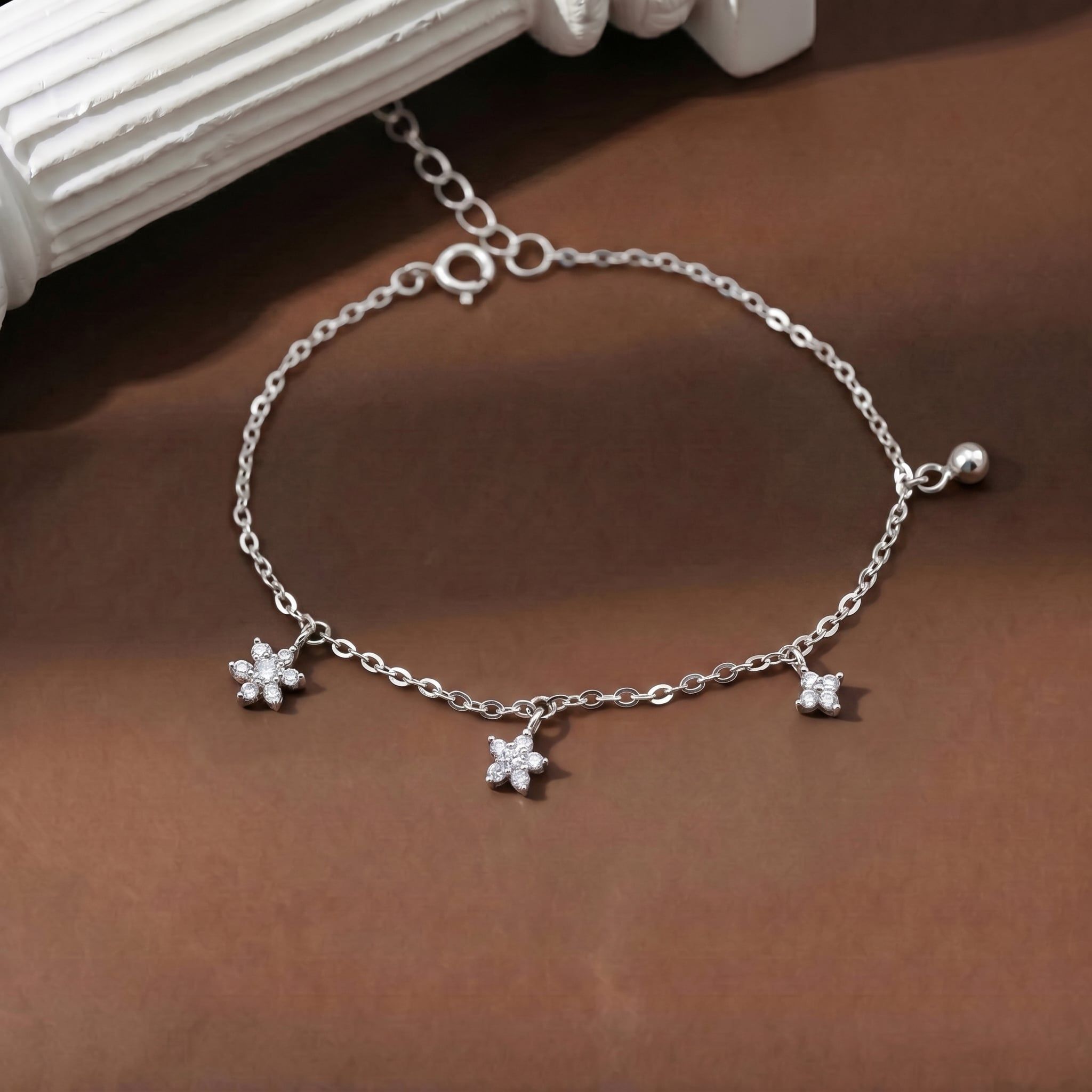  Lắc chân bạc Việt Nam charm ba hoa bi rơi đính đá nữ tính | Cáo Bạc 