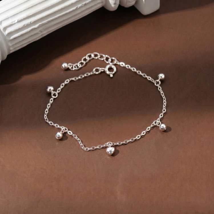  Lắc chân bạc Việt Nam charm tim trơn bi tròn thanh mảnh nữ tính | Cáo Bạc 