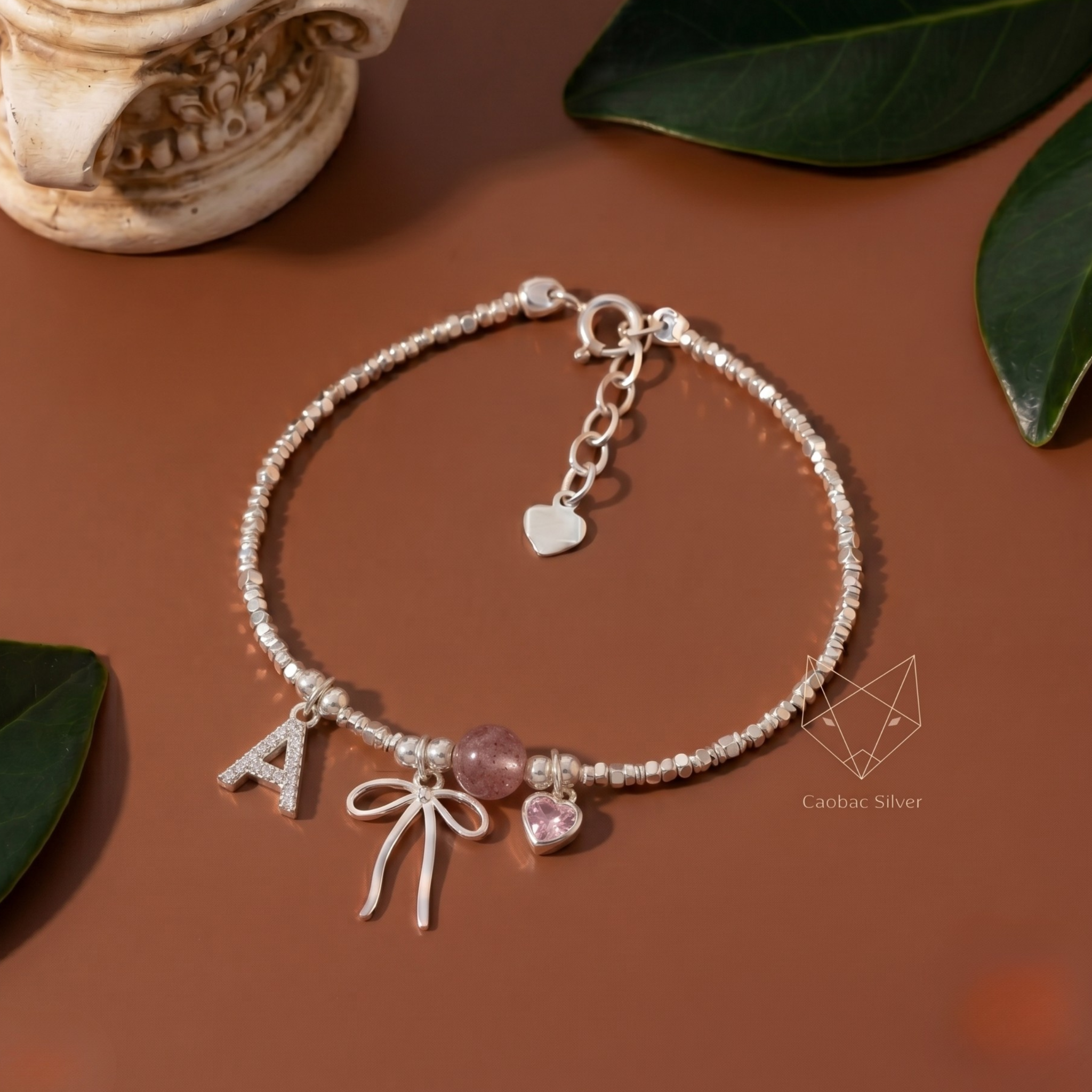  Lắc tay bạc Việt Nam Personal Bloom charm nơ chữ tim đính đá | Cáo Bạc 