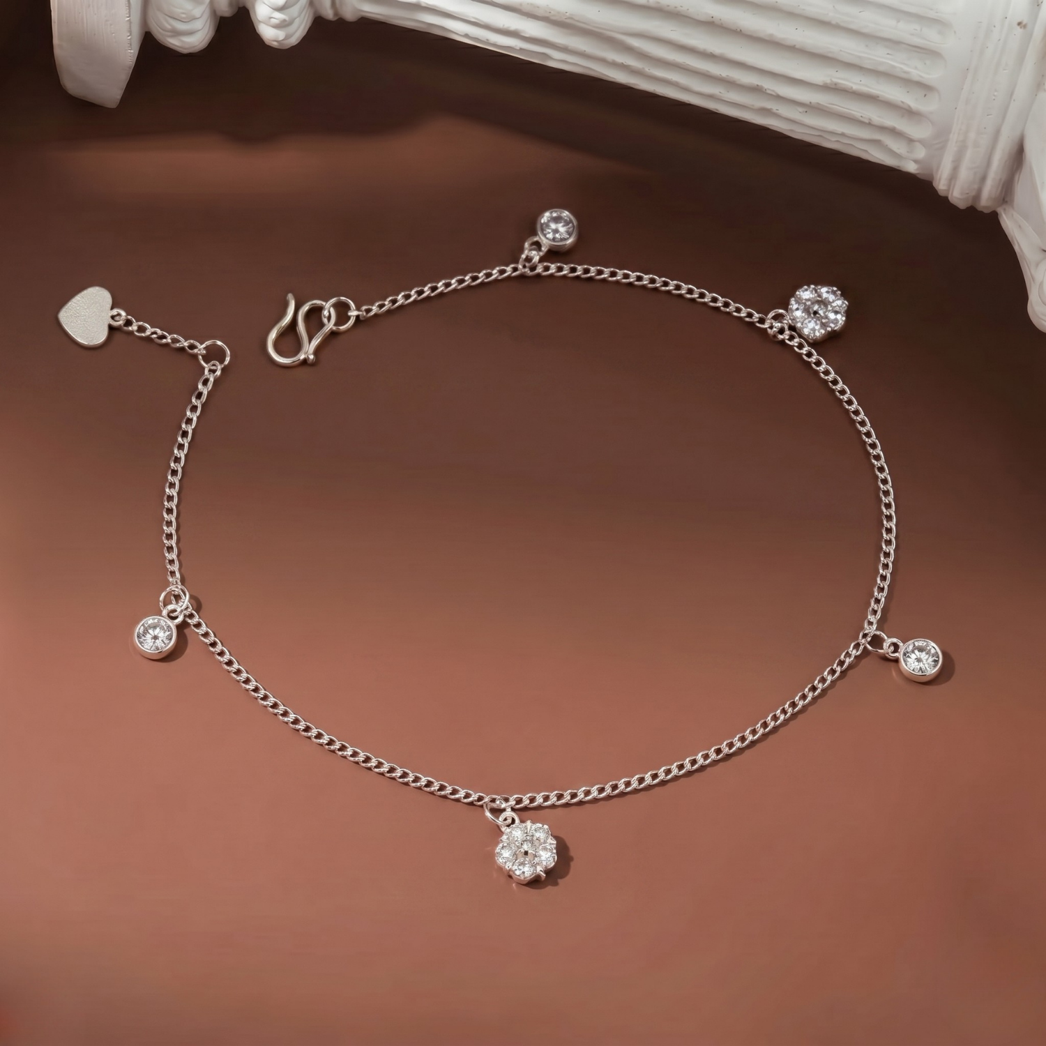  Lắc chân bạc Việt Nam dây dẹt charm hoa đá to tinh xảo | Cáo Bạc 
