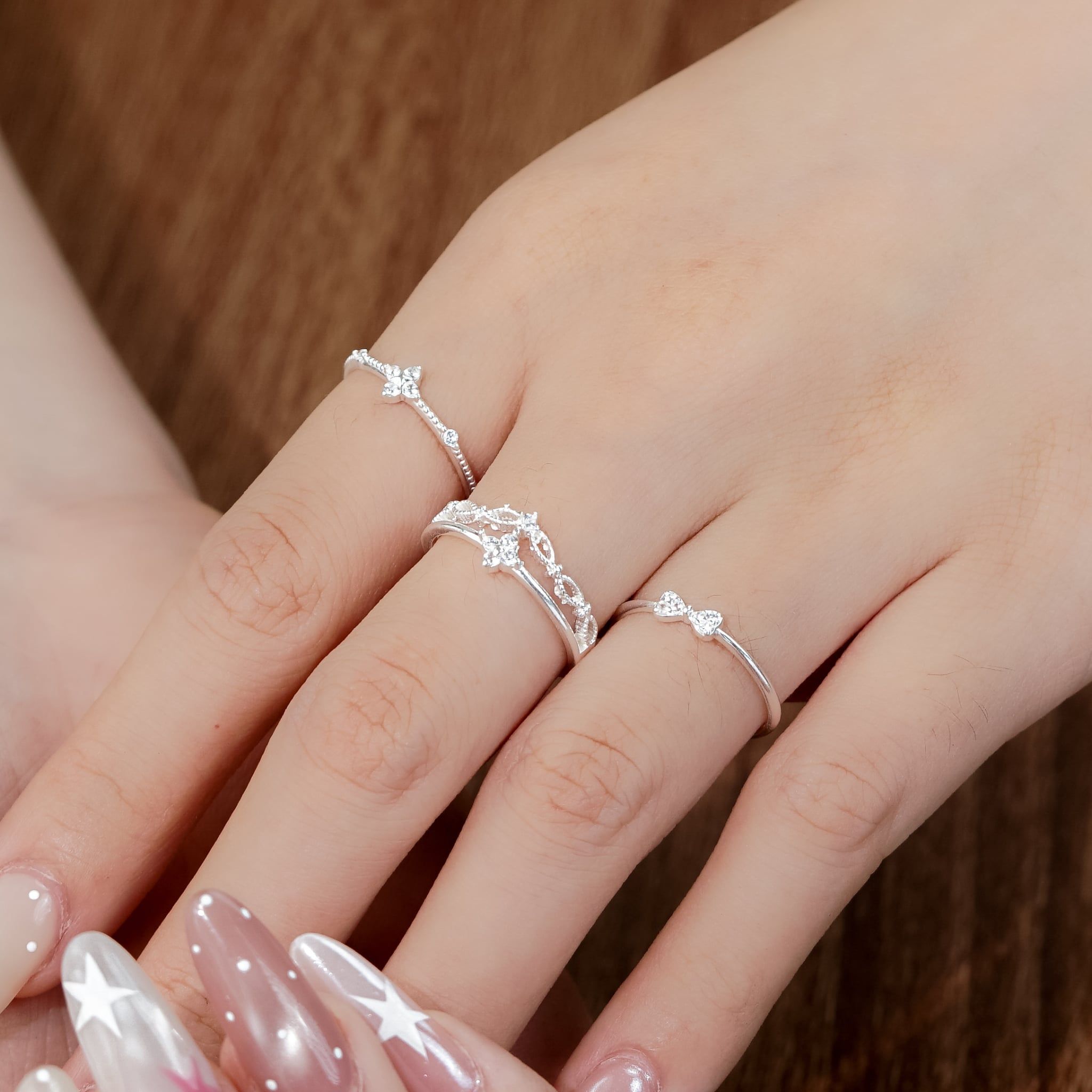  Nhẫn bạc Việt Nam 2 sợi thiết kế cỏ 4 lá mini viền ren tinh tế | Cáo Bạc 