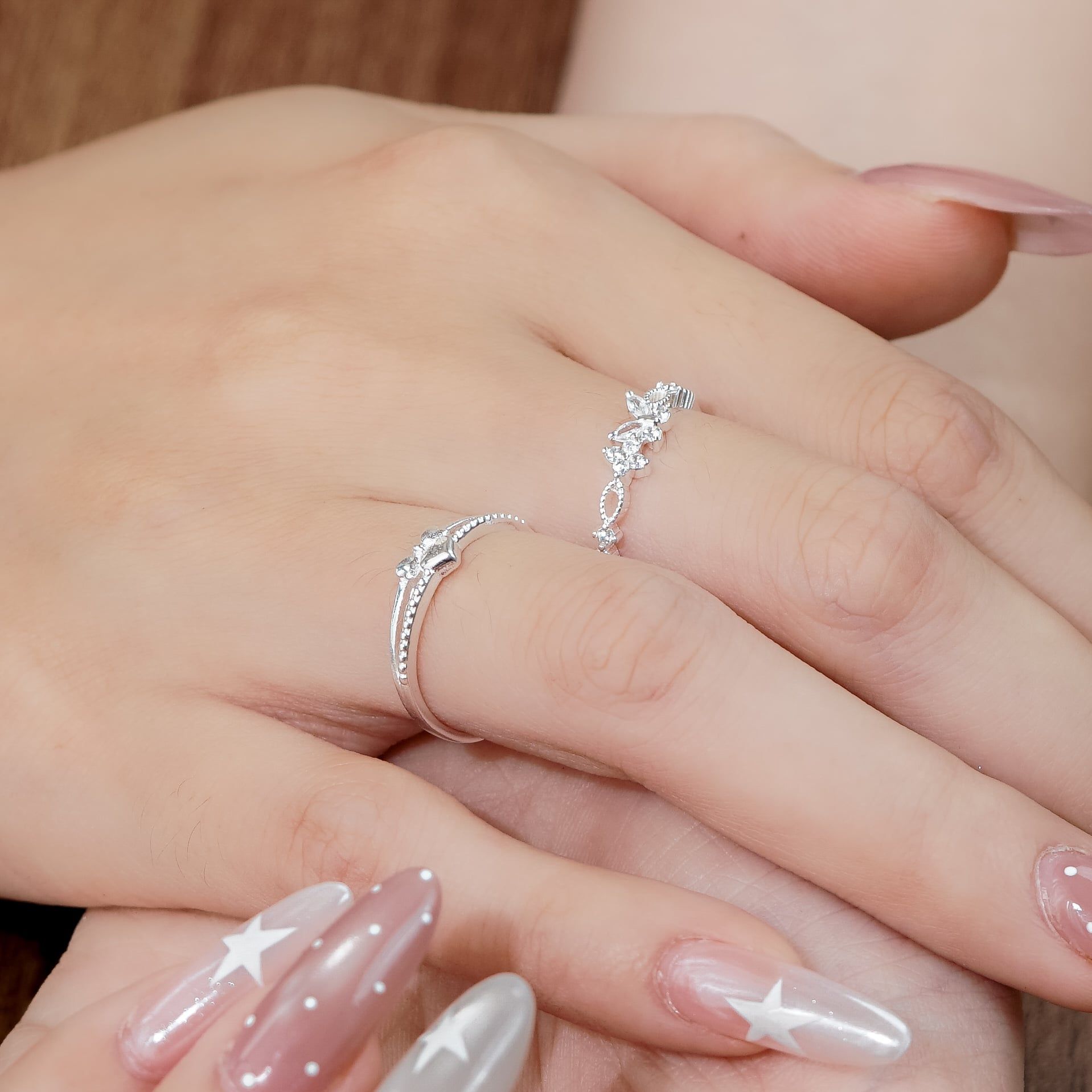  Nhẫn bạc Việt Nam cỏ 4 lá đính đá mini thiết kế bướm đá cạnh ren | Cáo Bạc 