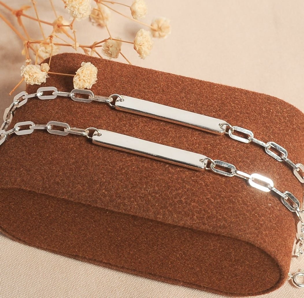  Lắc tay đôi bạc Việt Nam tag chữ nhật dây paperclip hiện đại | Cáo Bạc 